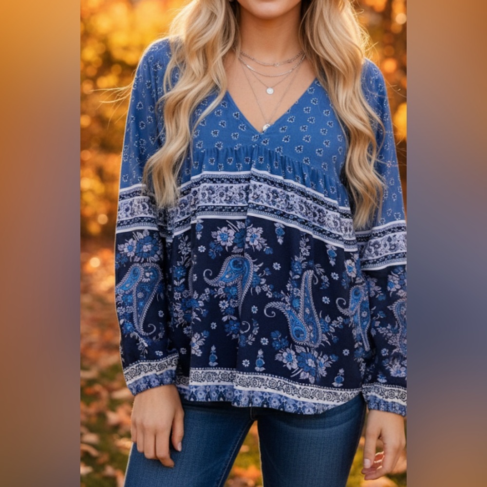 Lovestitch Blouse Top Womens Size Medium Blue Paisley Print  Boho Peasant